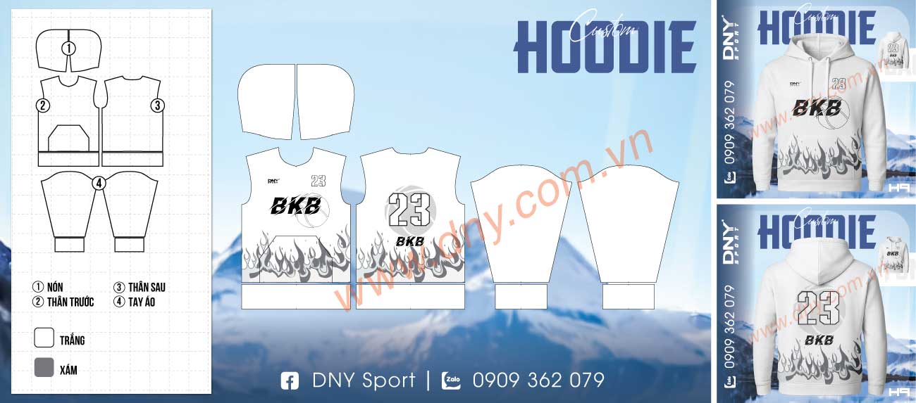 Áo hoodie bóng rổ màu trắng họa tiết lửa, số 23