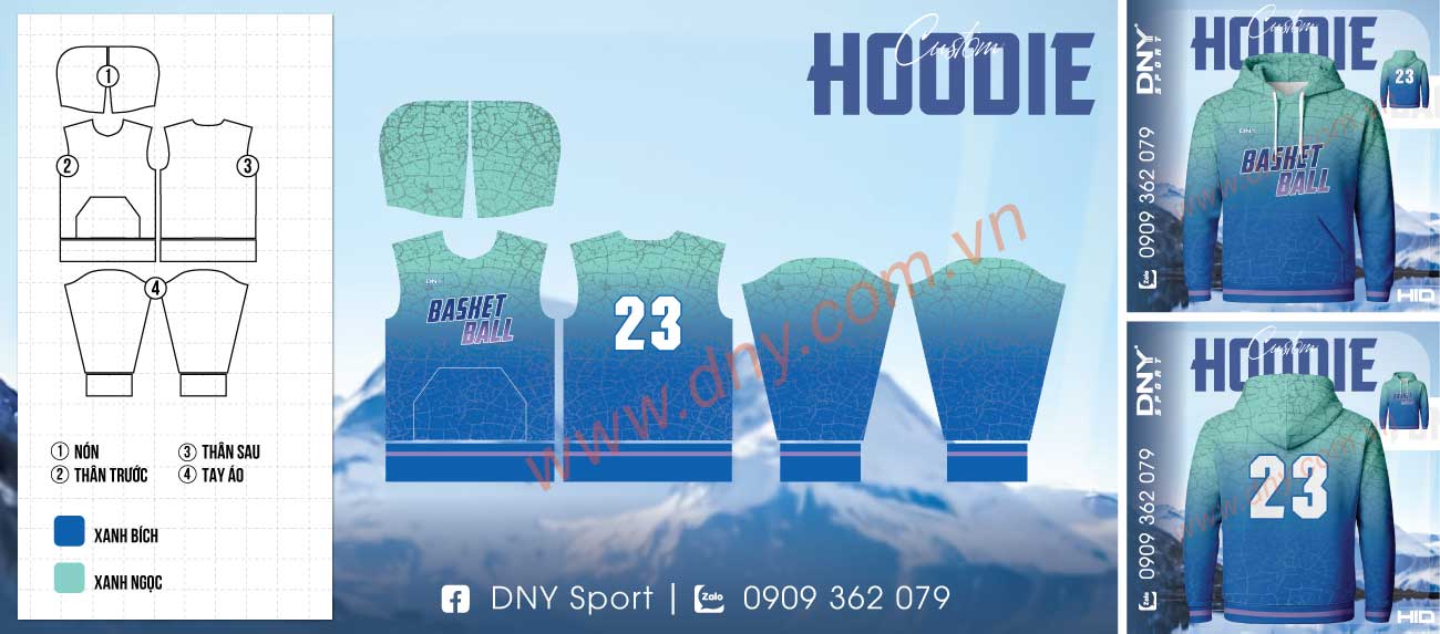 Áo hoodie bóng rổ màu xanh chuyển sắc với số 23
