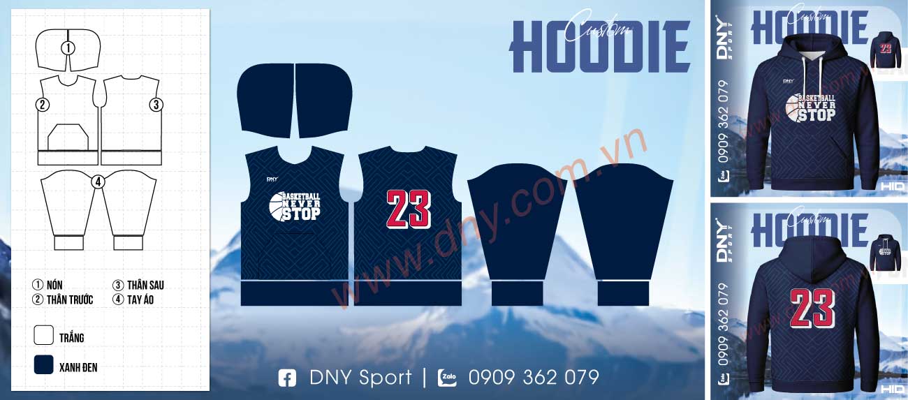 Áo hoodie bóng rổ xanh navy chữ Never Stop và số 23