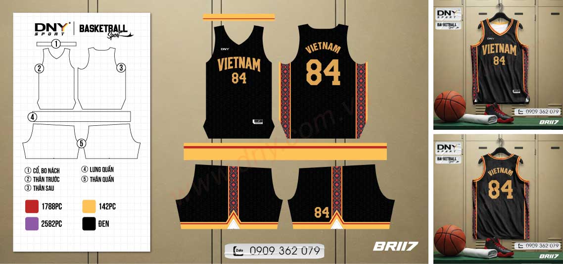 Set áo quần bóng rổ màu đen viền cam có dải họa tiết thổ cẩm dọc lườn áo và quần
