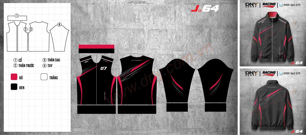 Áo khoác racing DNY đen họa tiết tia đỏ Áo khoác gió màu đen phối các đường kẻ sọc màu đỏ như tia chớp vút ngang