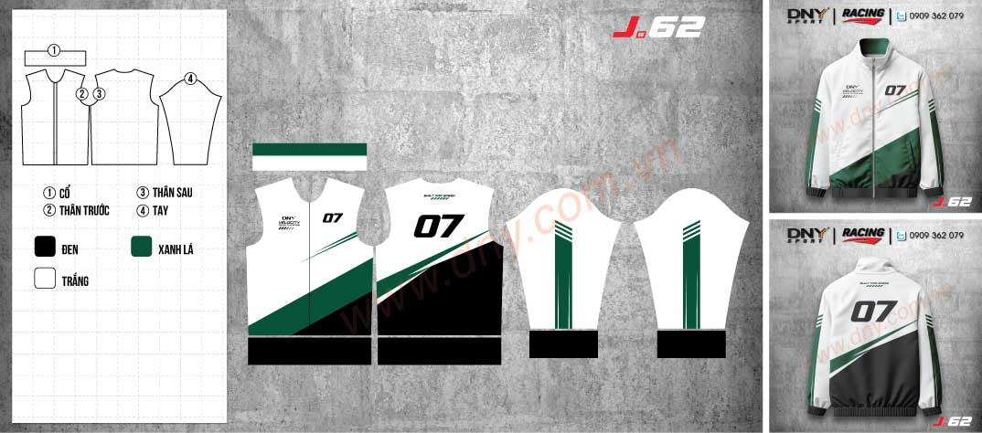 Áo khoác thể thao racing DNY trắng phối xanh đen Áo khoác gió thể thao cổ cao màu trắng phối mảng màu chéo xanh lá cây và đen