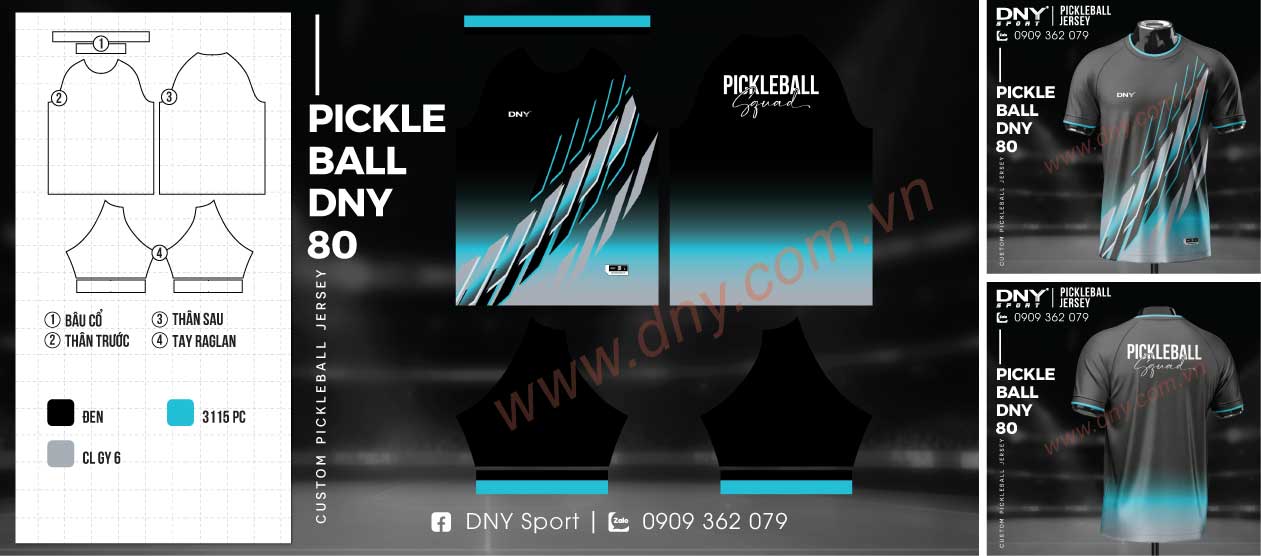 Áo đánh pickleball gradient đen trắng xanh họa tiết sóng