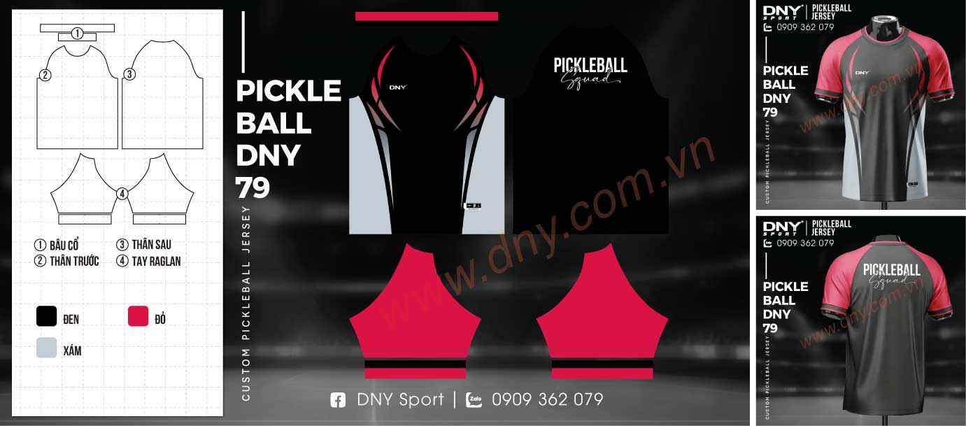 Áo đánh pickleball màu đen phối tay đỏ và hông trắng