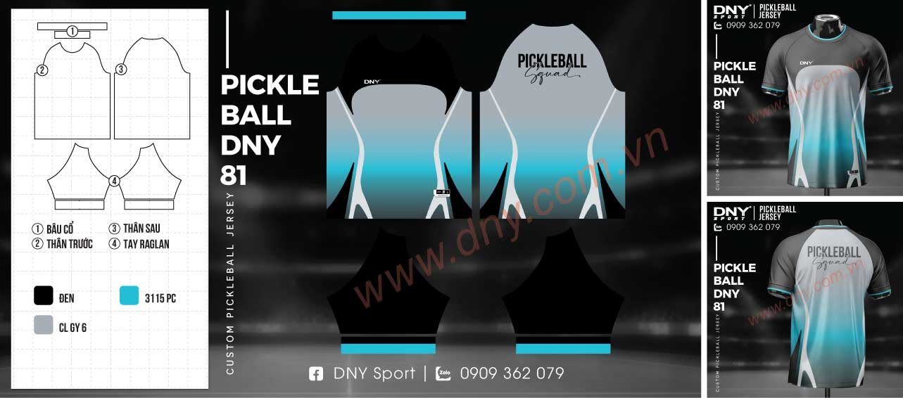Áo đánh pickleball gradient đen trắng xanh họa tiết sóng
