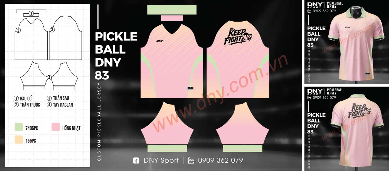 Áo thể thao đánh pickleball màu hồng pastel phối xanh lá có cổ polo chữ V