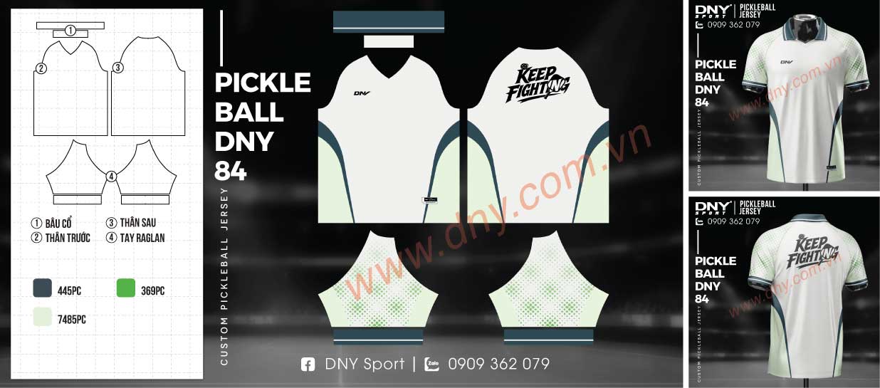 Áo pickleball DNY trắng phối tay xanh mint họa tiết Áo pickleball màu trắng với tay áo họa tiết chấm bi xanh mint chuyển màu