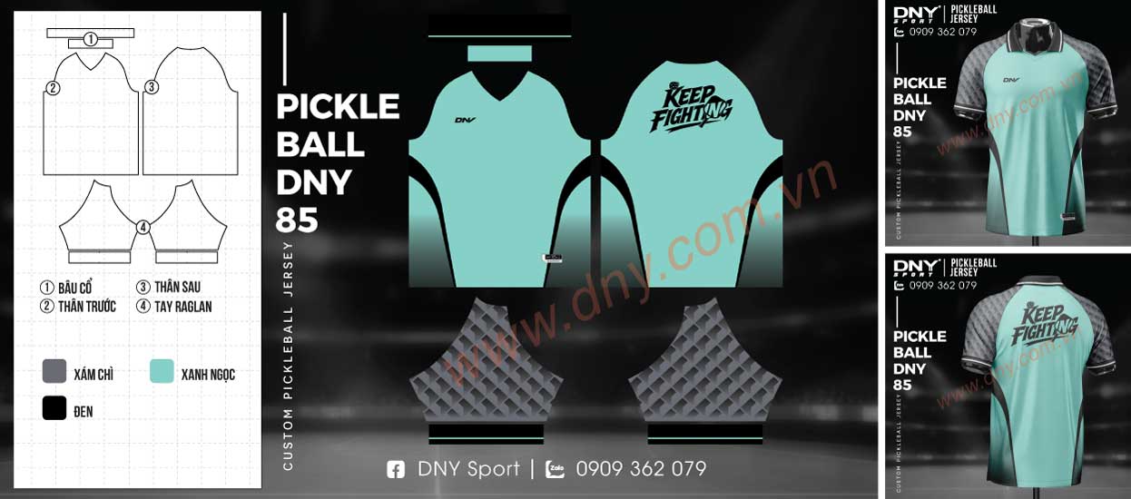 Áo đánh pickleball màu xanh mint có tay áo màu xám đen họa tiết 3D