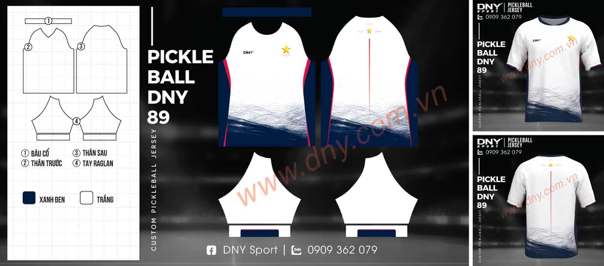 Áo thun Pickleball màu trắng phối lườn tay xanh navy in họa tiết sóng biển chân áo