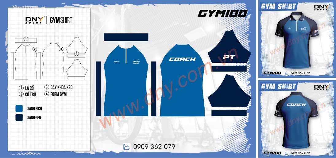 Mẫu áo thun polo đồng phục dành cho huấn luyện viên gym màu xanh dương phối đen