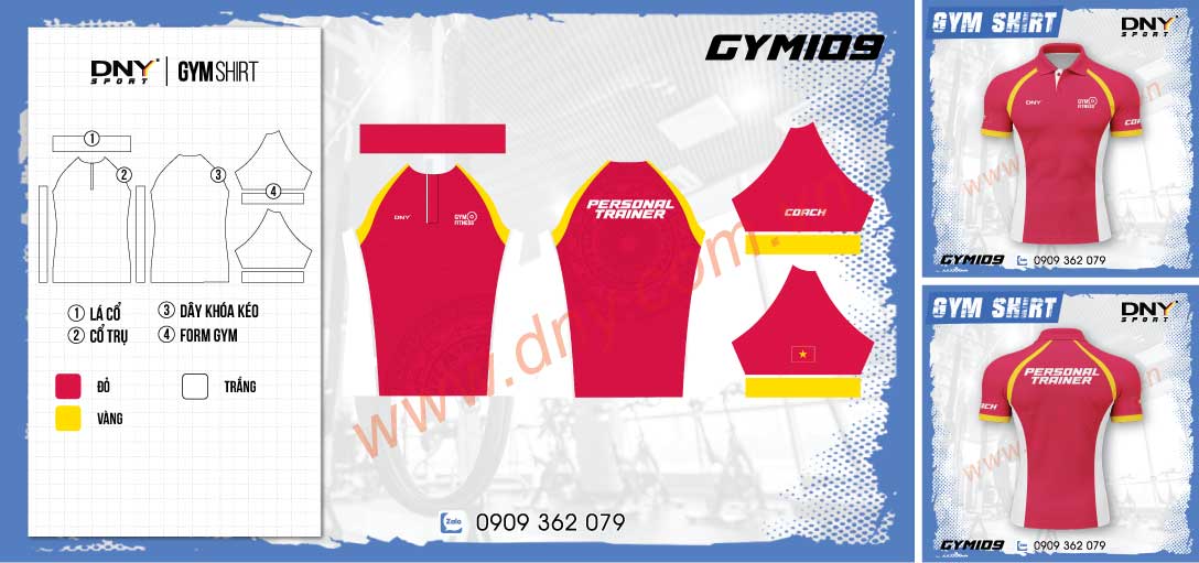 Áo đồng phục huấn luyện viên cá nhân PT màu đỏ lườn trắng in chữ Coach và Personal Trainer
