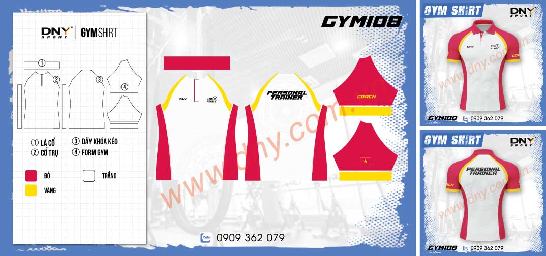 Áo polo PT DNY màu trắng phối đỏ cho huấn luyện viên gym Mặt trước và mặt sau áo polo đồng phục PT DNY màu trắng phối đỏ in chữ Personal Trainer