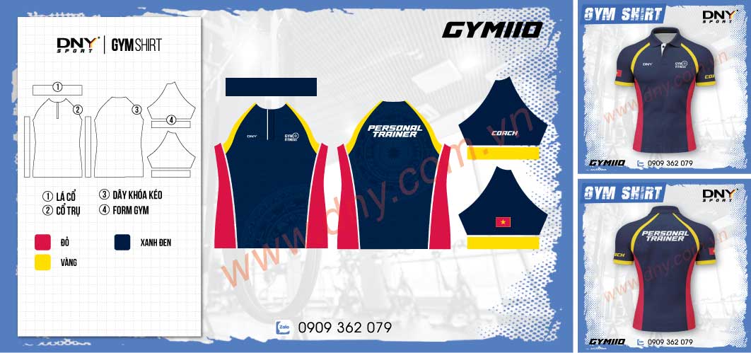 Đồng phục áo polo PT màu xanh navy viền vàng in cờ Việt Nam và chữ Personal Trainer sau lưng