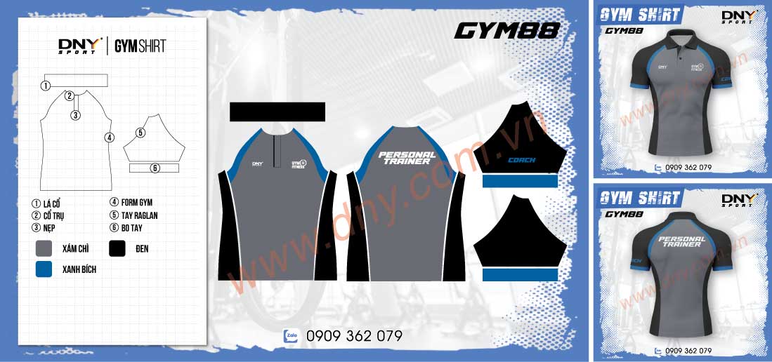 Áo polo PT xám đen Áo polo Personal Trainer xám phối xanh