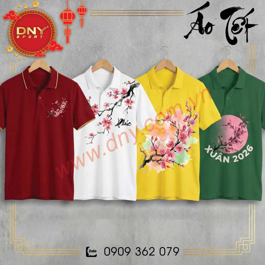 Áo polo Tết họa tiết hoa xuân