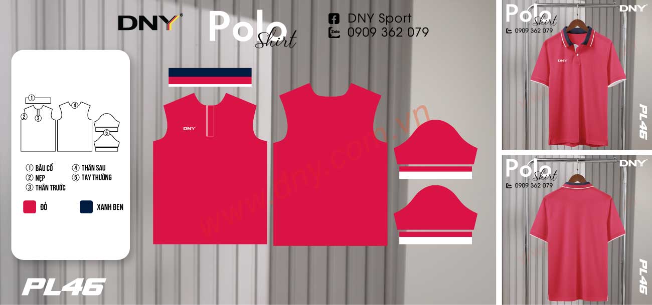 Áo polo thể thao màu đỏ phối cổ áo màu xanh navy và viền tay trắng