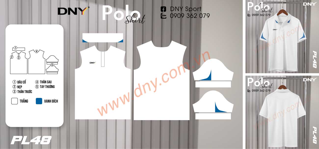 Áo thun polo màu trắng phối họa tiết hình học xanh dương ở hai bên tay áo
