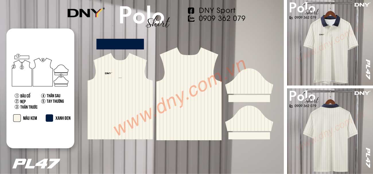 Áo thun polo nền màu kem với các đường kẻ sọc dọc phối cổ màu xanh navy