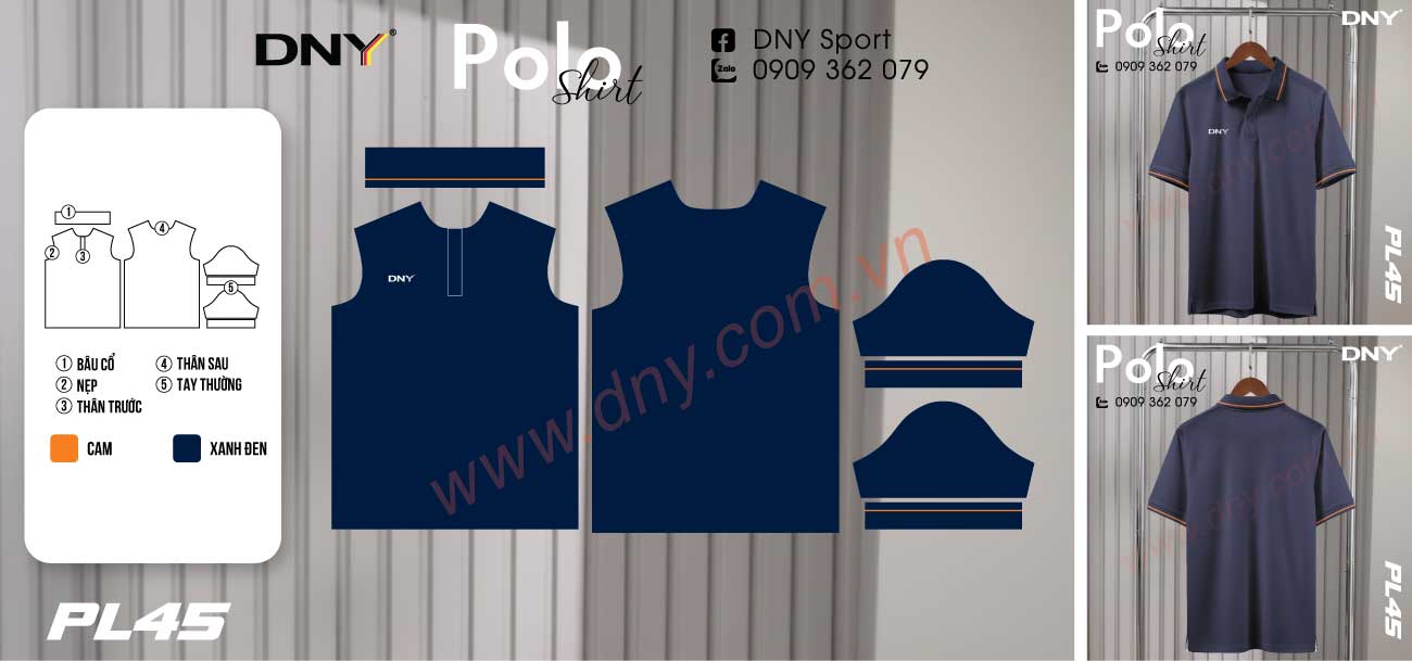 Áo thun polo thể thao màu xanh navy phối viền cam ở cổ và tay áo