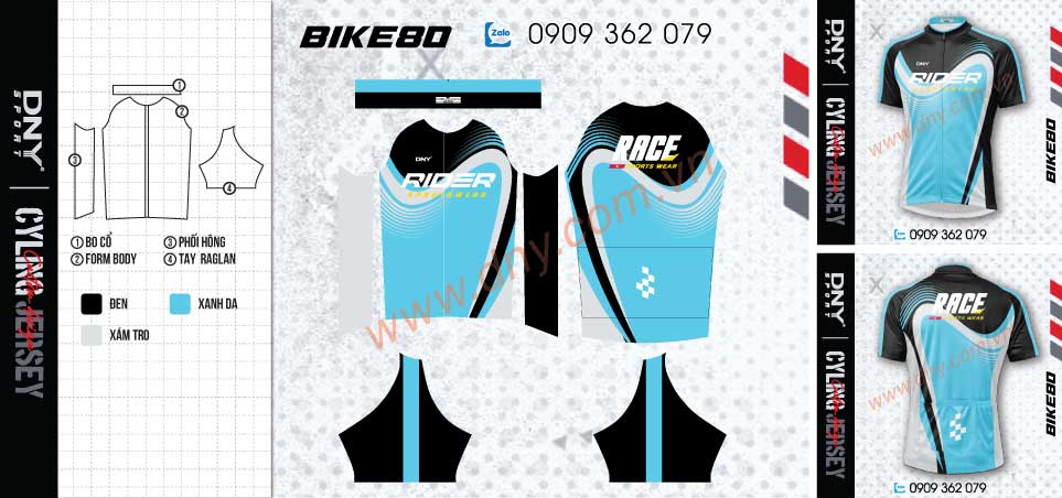 Bộ quần áo xe đạp chuyên nghiệp màu đen phối dải sóng xanh cyan hiện đại