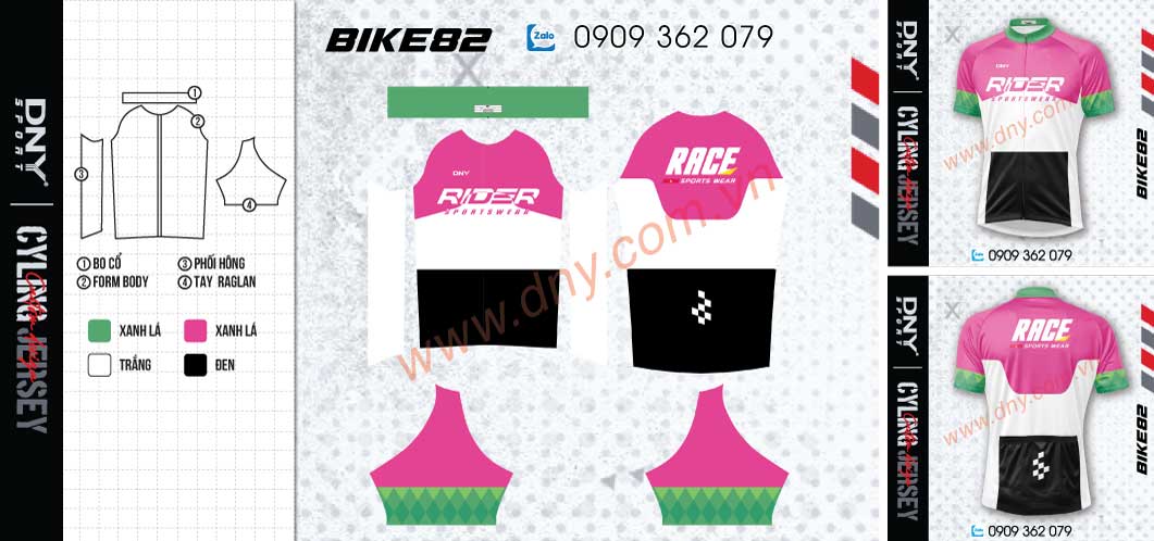 Bộ trang phục đạp xe chuyên nghiệp màu hồng phối trắng đen năng động
