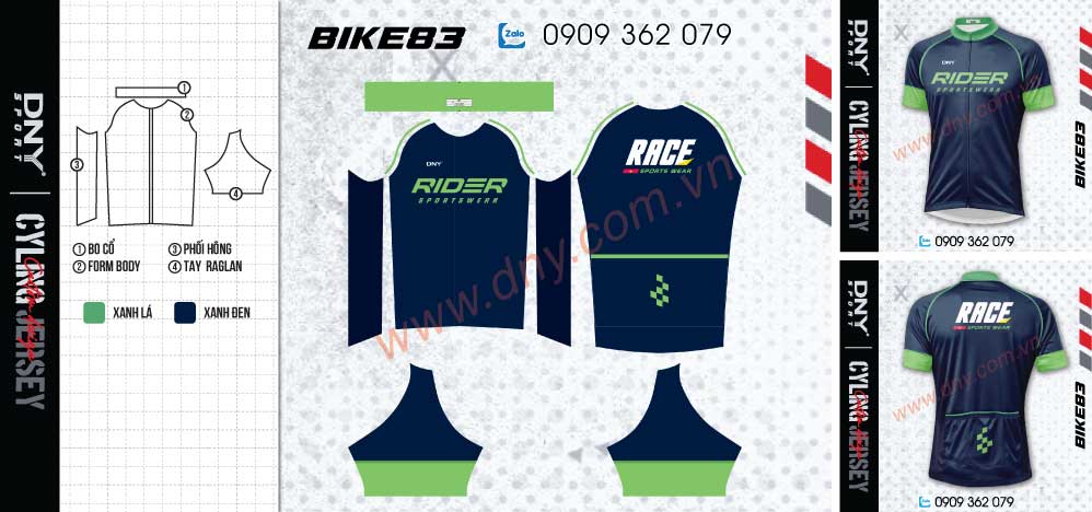 Bộ đồ thể thao đạp xe màu xanh navy phối các chi tiết màu xanh lá neon