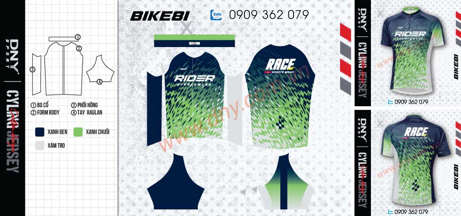 Trang phục đạp xe phối màu xanh navy và xanh chuối hiệu ứng gradient dải hạt