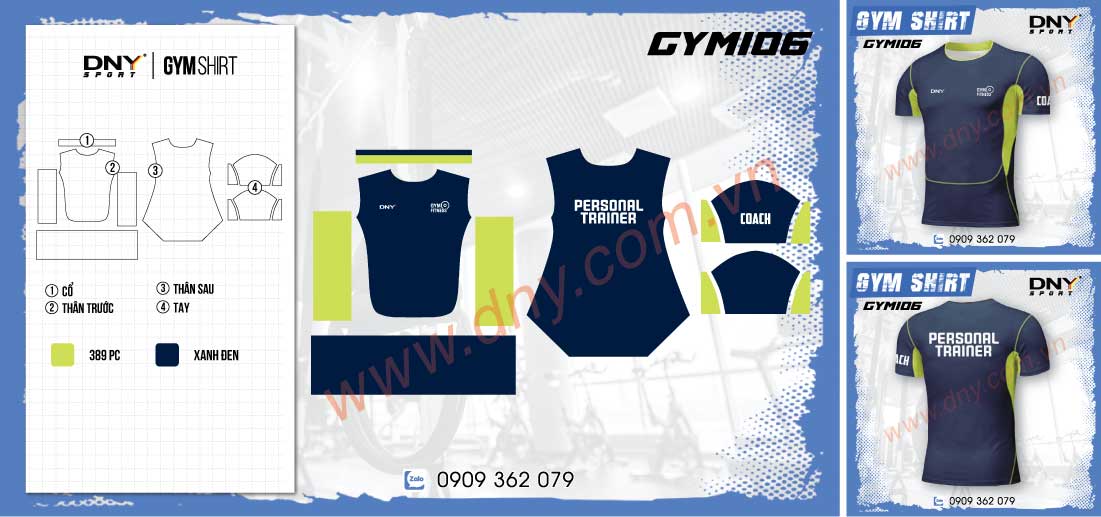Áo tập gym PT DNY xanh navy phối xanh neon Áo tập gym dành cho Personal Trainer màu xanh navy phối hông màu xanh neon chanh