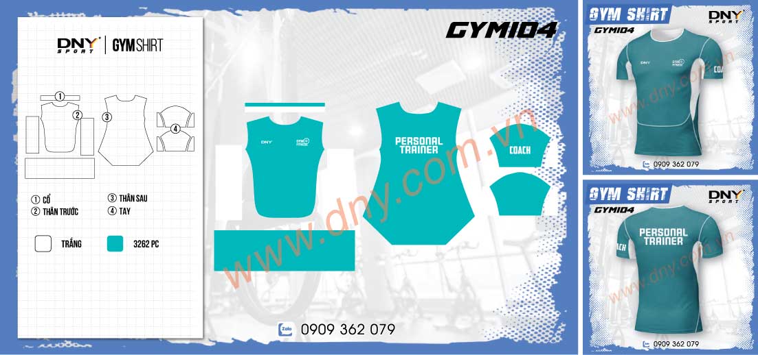 Áo thun body tập gym màu xanh ngọc mát mắt phối mảng màu trắng ở lườn