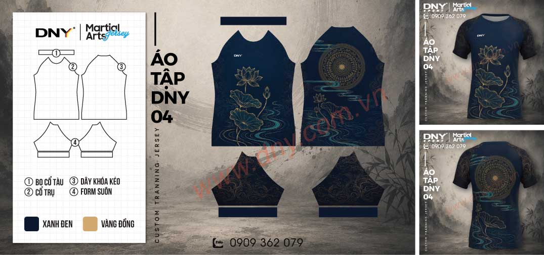 Áo rashguard màu xanh navy in họa tiết hoa sen vàng và mặt trống đồng ở sau lưng