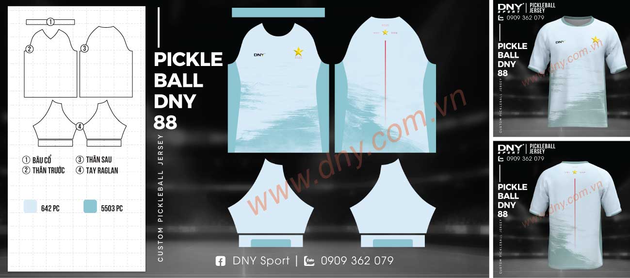 Áo thi đấu Pickleball màu xanh bạc hà phối họa tiết vệt cọ ngang và viền sọc đỏ lưng