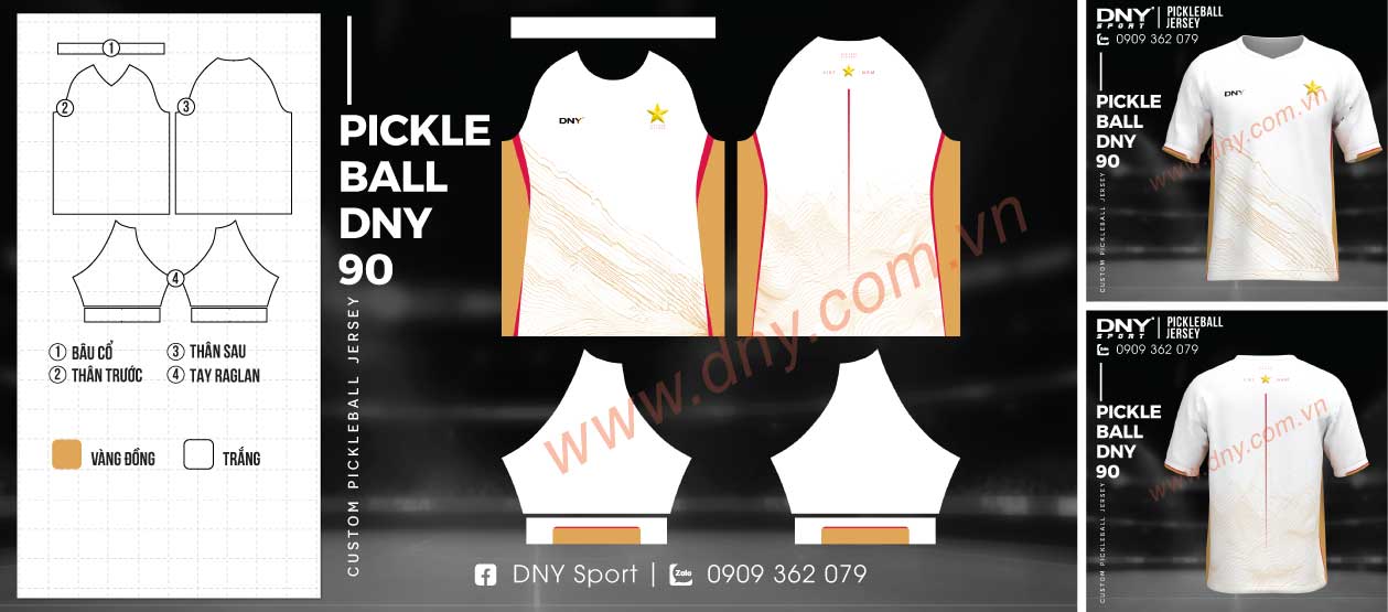 Áo Pickleball màu trắng phối sọc viền vàng và họa tiết đường đồng mức núi đồi ở tà áo