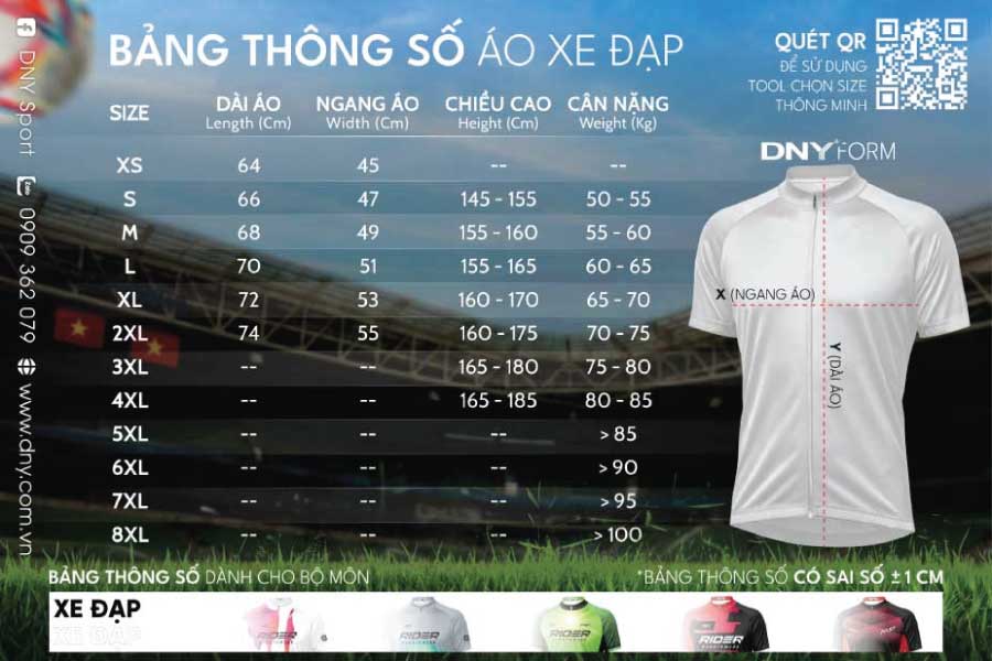 Bảng thông số size áo xe đạp DNY theo chiều cao và cân nặng