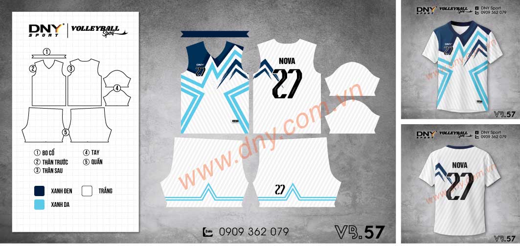 Bộ trang phục bóng chuyền màu trắng phối họa tiết chữ V màu xanh dương và số 27