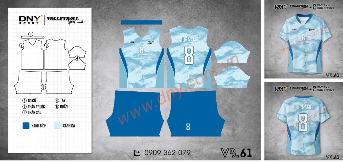 Bộ đồ thi đấu bóng chuyền nam nữ màu xanh dương vân mây phối quần xanh đậm