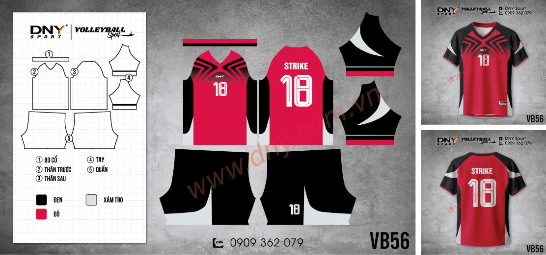 Bộ quần áo bóng chuyền màu đỏ phối vai đen họa tiết đối xứng trên ngực, lưng in chữ Strike số 18