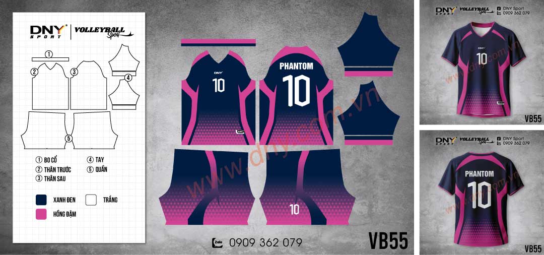 Bộ quần áo bóng chuyền màu tím navy phối viền hồng và họa tiết gradient, lưng in chữ Phantom số 10