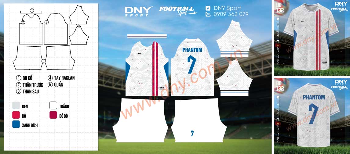 Bộ quần áo đá banh màu trắng phối sọc dọc đỏ và viền xanh dương, lưng in tên Phantom số 7