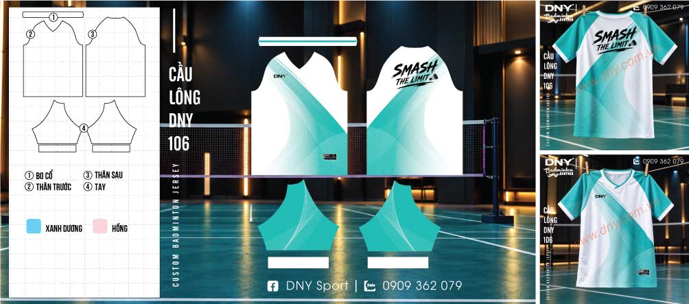 Mặt trước và sau áo cầu lông MINT VELOCITY nền trắng phối xanh ngọc với họa tiết sóng chéo