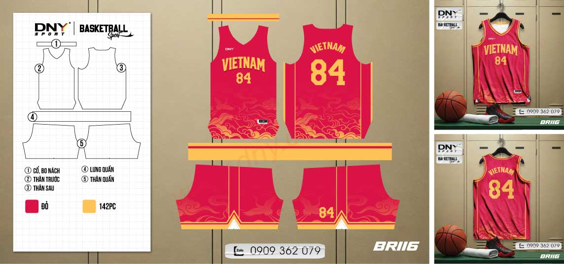 Quần áo bóng rổ màu đỏ viền vàng in họa tiết mây uốn lượn ở hai bên hông áo