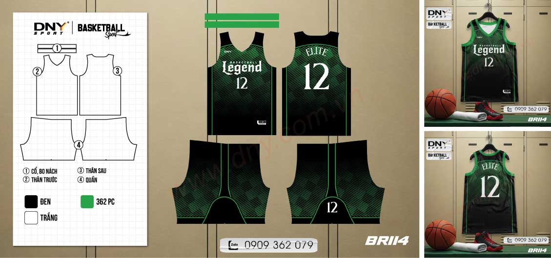 Bộ đồ bóng rổ nền đen họa tiết sọc chéo phối viền xanh lá in chữ Basketball Legend 12