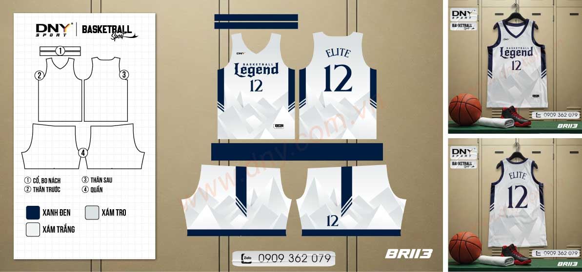 Bộ trang phục bóng rổ màu trắng họa tiết hình học xám chìm in chữ Basketball Legend 12