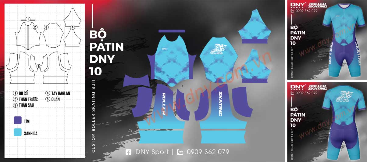 Trang phục liền thân trượt patin phối màu xanh dương và tím gradient