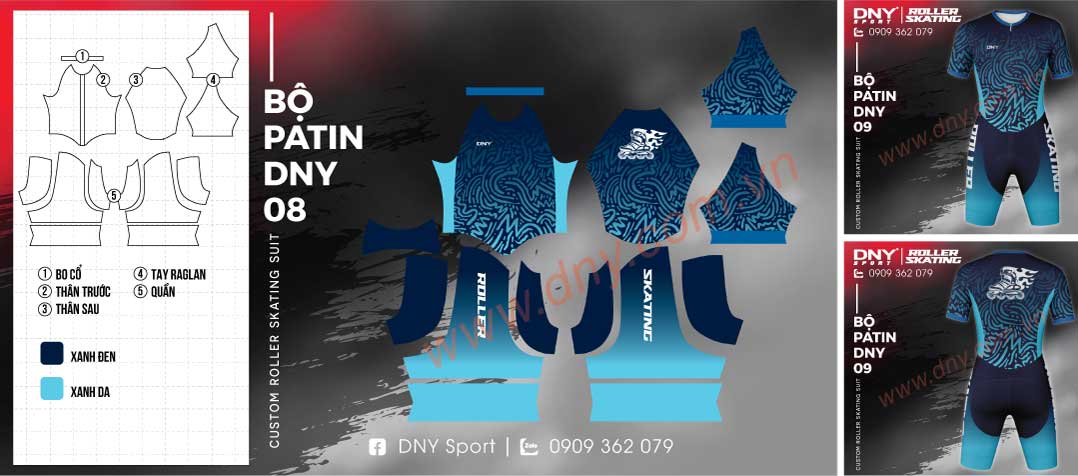 Trang phục liền thân trượt patin (roller skating) màu xanh navy phối họa tiết đường nét sáng màu