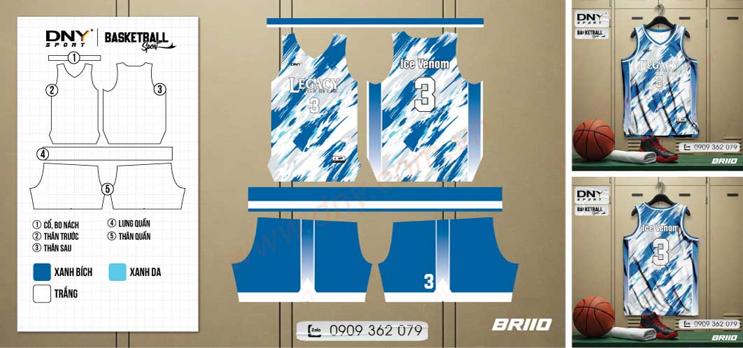 Quần áo bóng rổ LEGACY Ice Venom trắng phối xanh Bộ trang phục bóng rổ ba lỗ nền trắng phối họa tiết vệt loang xanh dương mát lạnh