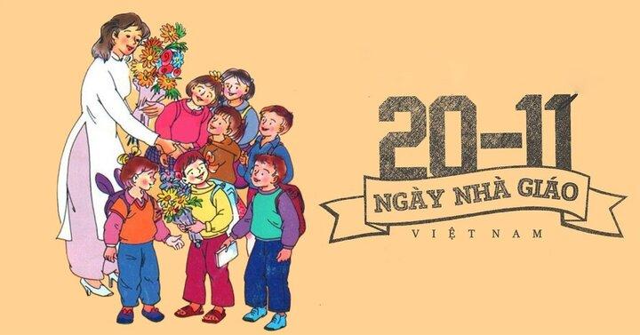Tranh minh họa học sinh tặng hoa cô giáo nhân ngày Nhà giáo Việt Nam 20/11