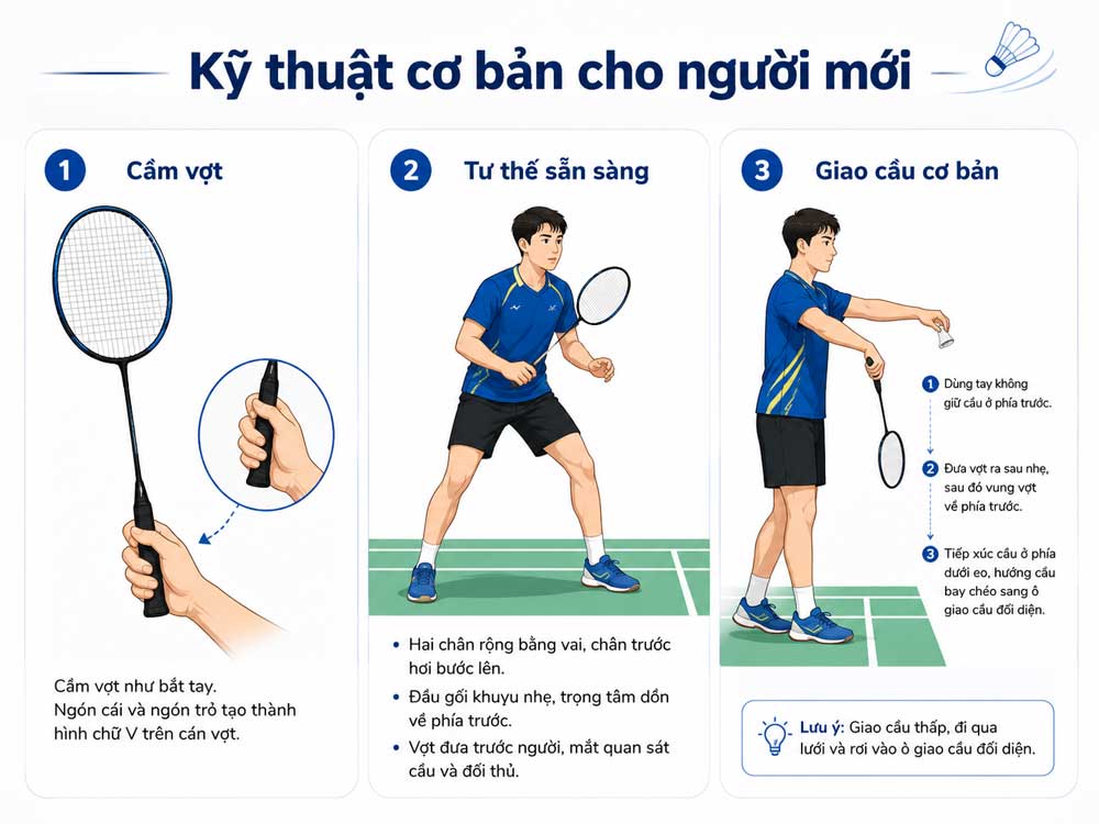 Minh họa cách cầm vợt, tư thế chuẩn bị và giao cầu cơ bản cho người mới