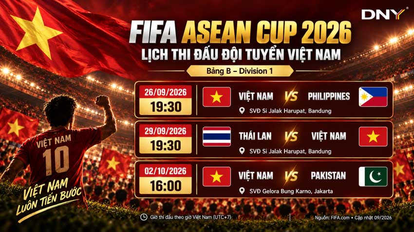 Lịch thi đấu đội tuyển Việt Nam tại FIFA ASEAN Cup 2026 ở bảng B Division 1