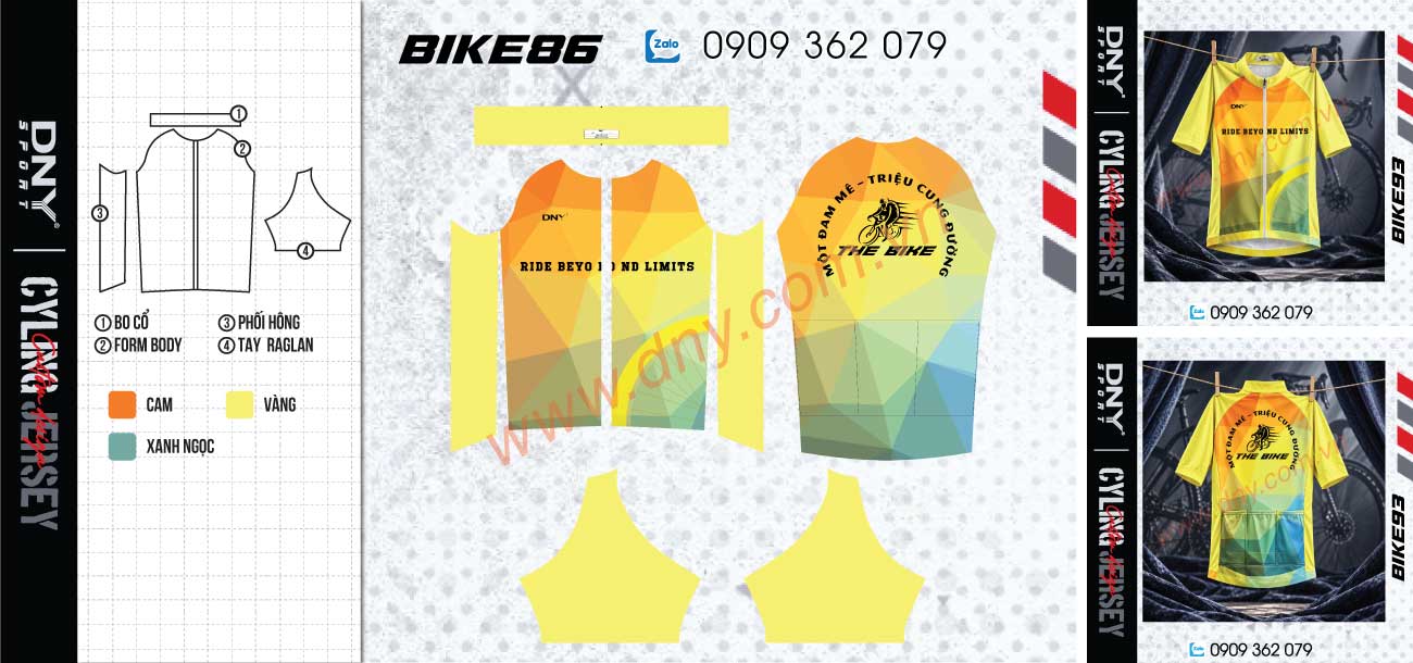 Áo Đạp Xe SOLAR FLARE – The Sunrise Rider Mẫu áo đạp xe DNY vàng cam phối xanh với họa tiết hình học, khóa kéo trước và túi phía sau