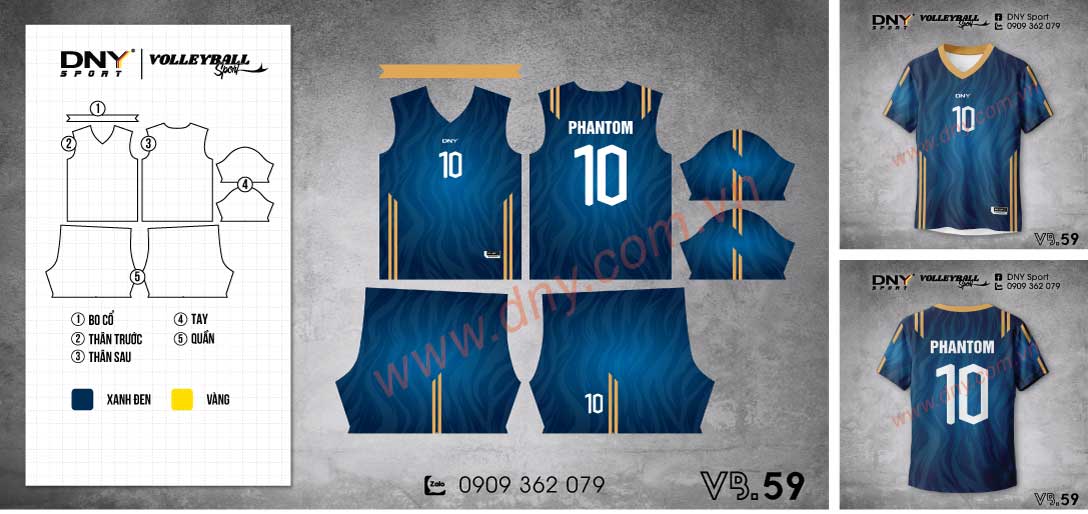 Bộ trang phục bóng chuyền màu xanh navy in vân chìm phối sọc vàng đồng ở vai